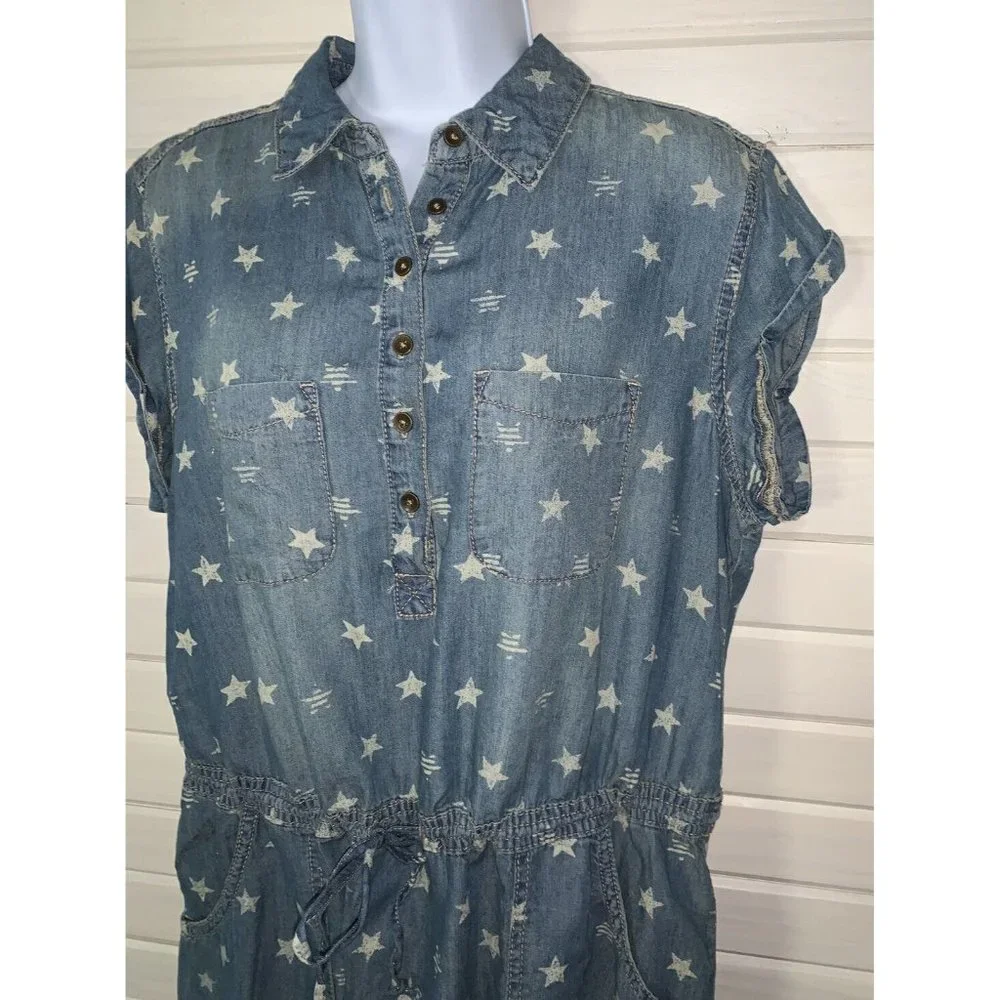 NWT SONOMA Goods For Life Sz MEDIUM Shirt Dress Chambray Denim Stars Pockets - Picture 2 of 12